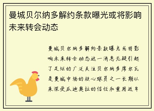 曼城贝尔纳多解约条款曝光或将影响未来转会动态