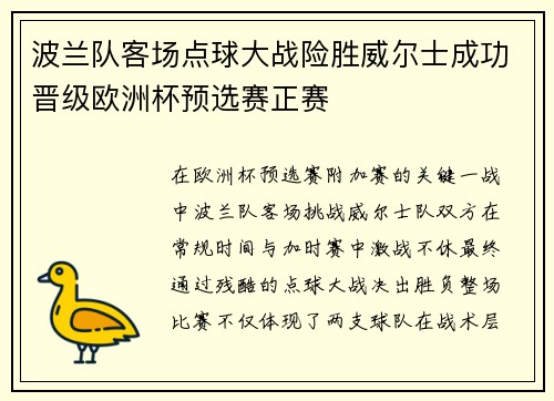 波兰队客场点球大战险胜威尔士成功晋级欧洲杯预选赛正赛